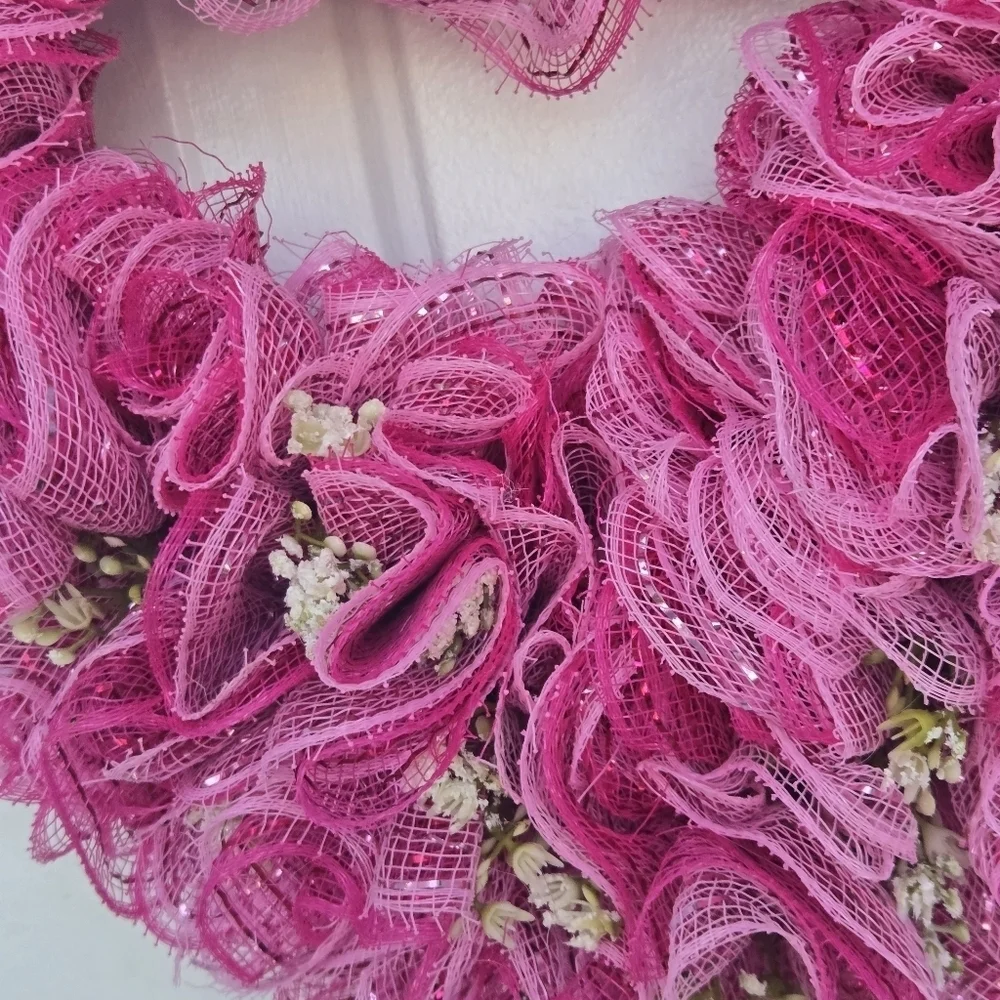 Handmade heart-shaped pink wreath, pink deco mesh Valentine's Day wreath